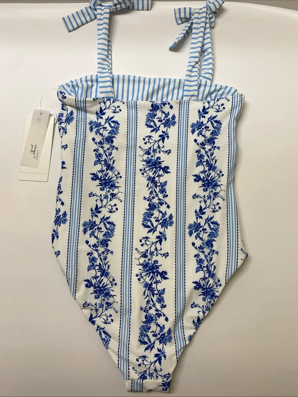 Reversible Blue & White Floral Stripe Kids Reversible One-Piece Swimsuit